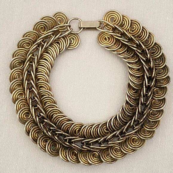 Brutalist Bracelet Bronze Geometric Entwined Wire Circles Fold Over Clasp - Picture 6 of 11